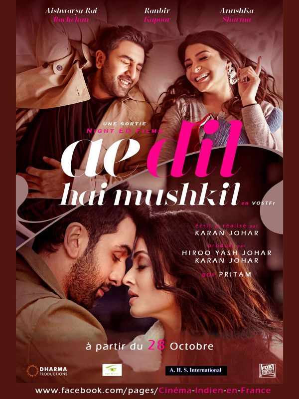 Affiche du film Ae Dil Hai Mushkil (2016) de Karan Johar. Voir Ae Dil Hai Mushkil en streaming / torrent sur meilleurs-films.fr