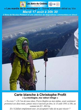 Affiche du film Les Mardis de la Montagne : Carte Blanche à Christophe Profit : La Montagne ma valeur refuge (2021) de Christophe Profit,. Voir Les Mardis de la Montagne : Carte Blanche à Christophe Profit : La Montagne ma valeur refuge en streaming / torrent sur meilleurs-films.fr