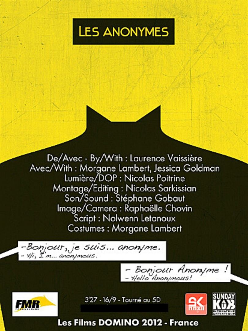 Affiche du court métrage Les (A)nonymes (2012) de Laurence Vaissière. Voir Les (A)nonymes en streaming / torrent sur meilleurs-films.fr