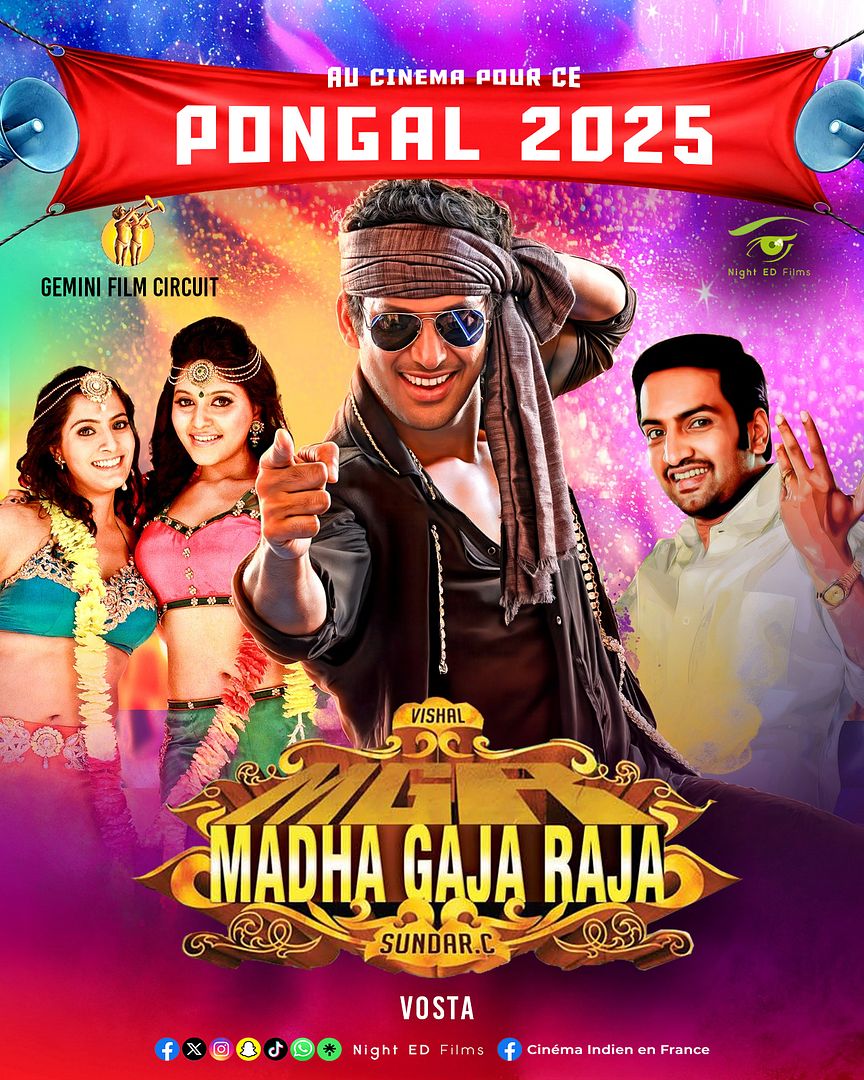 Affiche du film Madha Gaja Raja (2025) de Sundar C.. Voir Madha Gaja Raja en streaming / torrent sur meilleurs-films.fr
