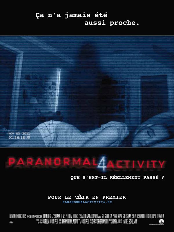 Affiche du film Paranormal Activity 4 (2012) de Ariel Schulman Affiche du film Paranormal Activity 4 (2012) de Ariel Schulman. Voir Paranormal Activity 4 en streaming / torrent sur meilleurs-films.fr